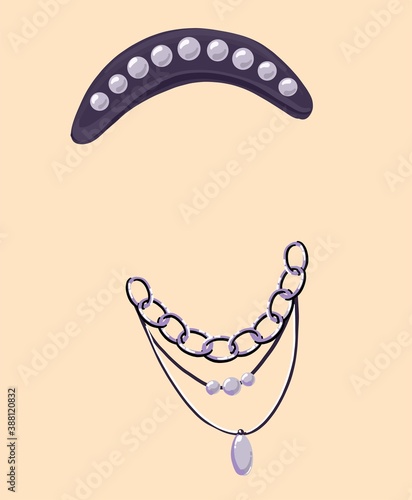 Mask accessories. Fashionable pearl headband and pendants, chain pendant around the neck. On an isolated background.