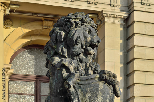 Kaliningrad, Russia - september 30, 2020: Sculpture of a lion on the porch of Koenigsberg Stock exchange. Kaliningrad, Kenigsberg before 1946, Russia photo