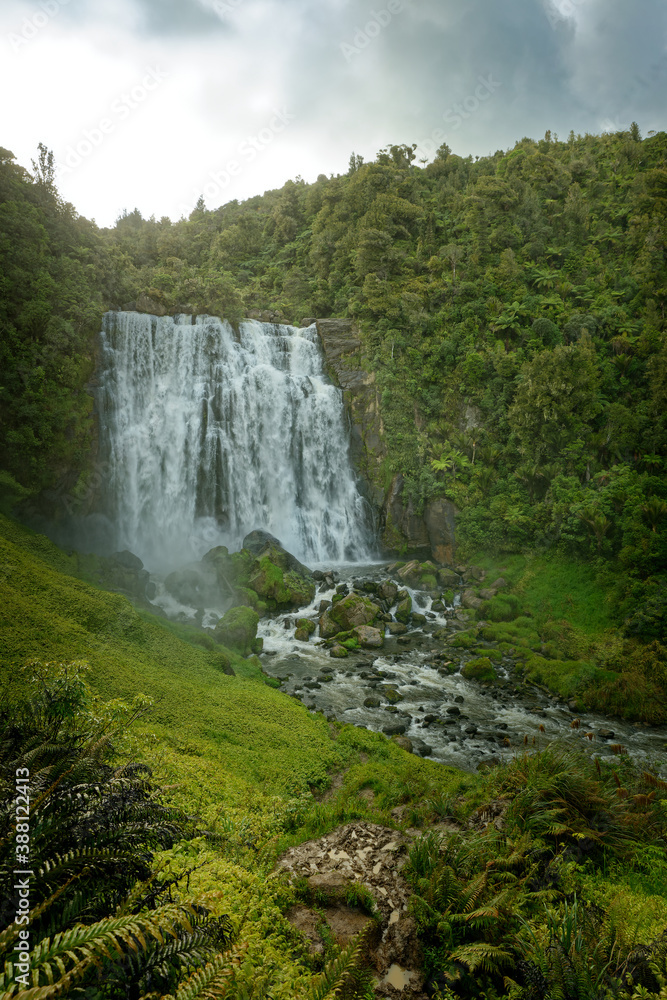 Fototapeta premium Marokopa Falls, North Island of New Zealand. Landscape scenery of the Zealand waterfall, cloudy sky ang green forest around