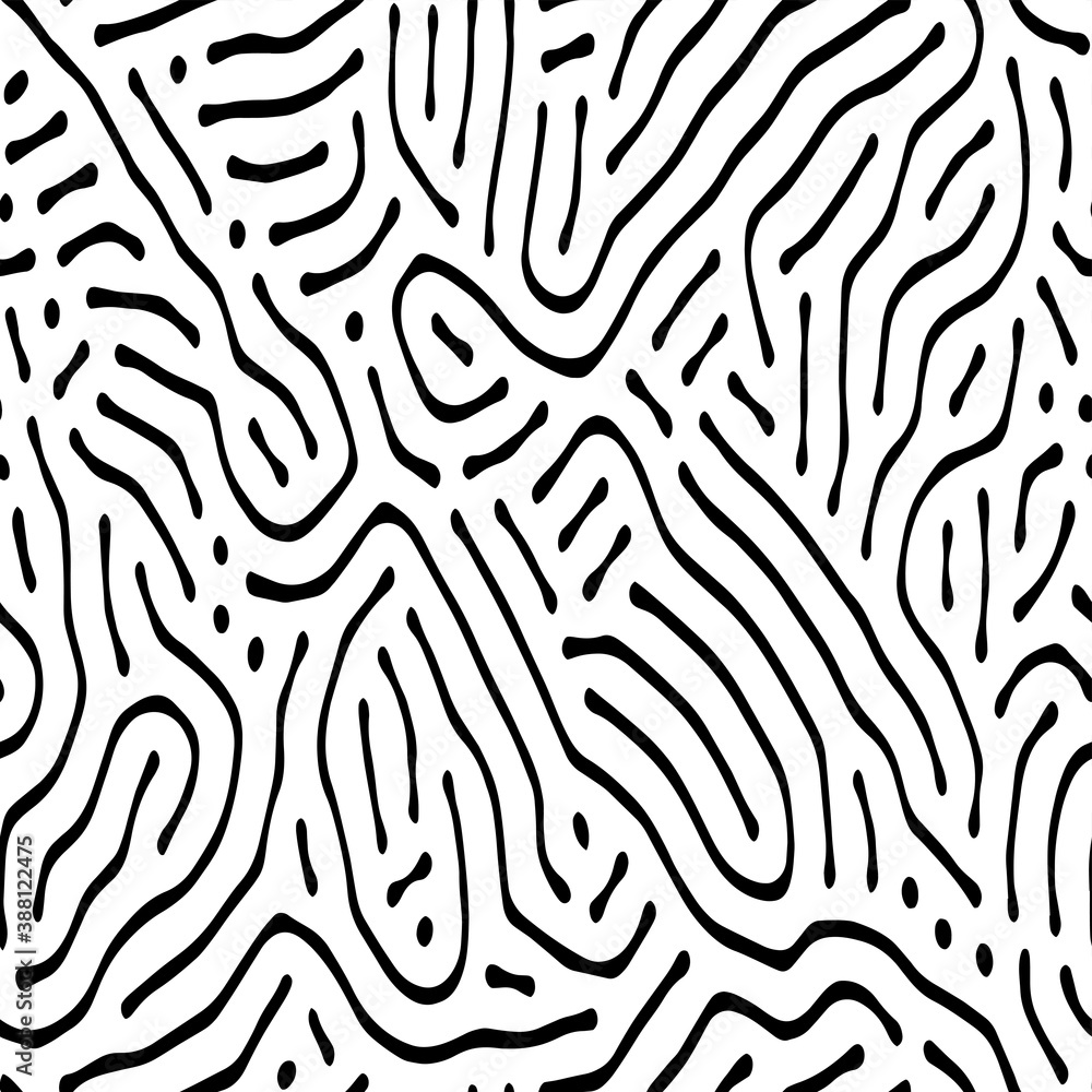 Naklejka premium Full Seamless Abstract Line Vector Pattern for girls boys clothes. Black and White Wallpaper for textile. Fashion style fabric print.