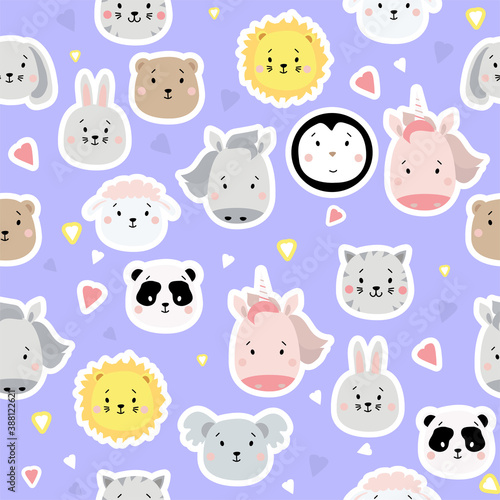 Fototapeta Naklejka Na Ścianę i Meble -  Seamless patterns. Kids collection. Cute animal stickers - bear, lion and penguin, unicorn and rabbit, hare and sheep, cat, horse, koala and panda on a blue background with hearts. Vector illustration
