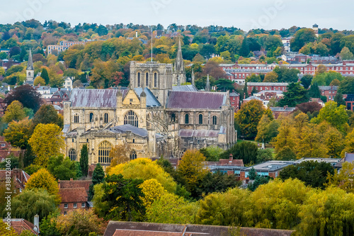 Εκτύπωση καμβά A view from St Giles Hill towards the cathedral in the city of Winchester, UK in