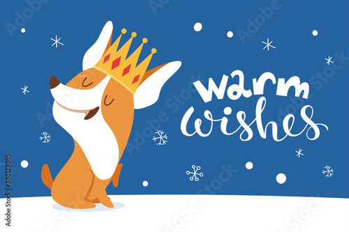 Warm wishes card with cute cartoon corgi puppy