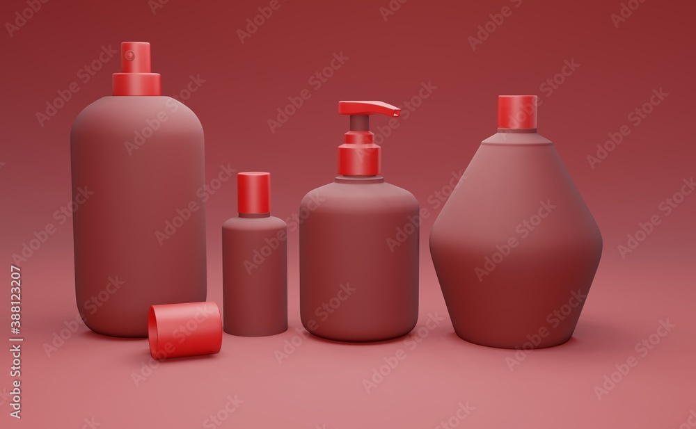 Set of empty realistic package for cosmetic product. Collection of blank template of plastic container. Mockup of packages isolated on red background.3d illustration. Set of empty realistic package for cosmetic product. Collection of blank template of plastic container. Mockup of packages isolated on red background.3d illustration.
