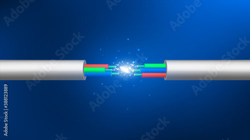 Electric cable break. Spark between two wires. Vector illustration