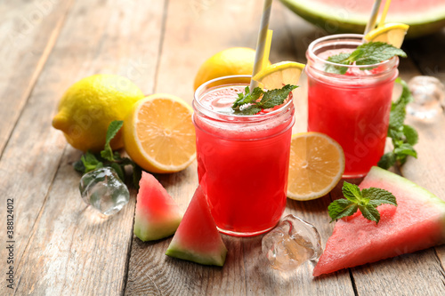 Delicious fresh watermelon drink on wooden table