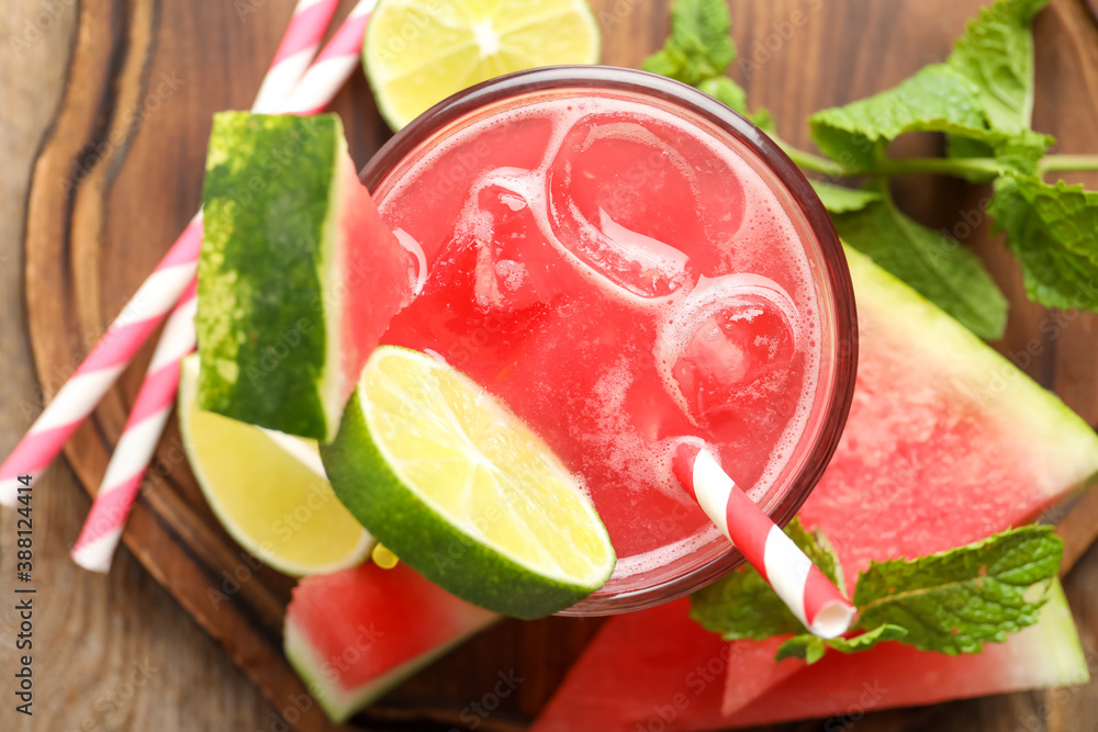 Delicious fresh watermelon drink on wooden table, top view Delicious fresh watermelon drink on wooden table, top view