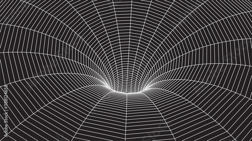 Technology wireframe tunnel on black background. Futuristic 3D vector grid.
