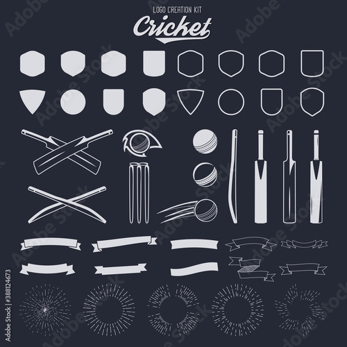 Cricket logo creation kit. Sports logo designs. Cricket icons set. Create your own emblem design fast. Sports symbols  elements - ball  bats  shapes  gear  equipment for web or t-shirt.