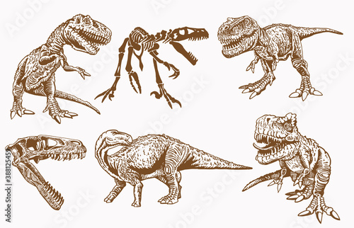 Vector set of dinosaurs, sepia background