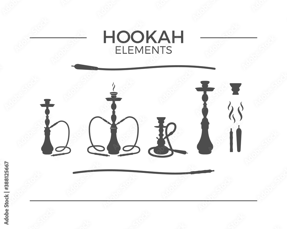 Set of shilhouette Hookah design elements. Use for labels, badges. Vintage shisha logo symbols. Lounge cafe emblem, icon. Arabian bar or house, shop. Isolated illustration. Set of shilhouette Hookah design elements. Use for labels, badges. Vintage shisha logo symbols. Lounge cafe emblem, icon. Arabian bar or house, shop. Isolated illustration.