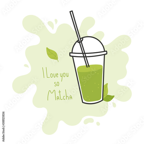 Matcha Bubble tea. Takeaway cup of tea. Asian drink. Hand drawn colored trendy vector illustration with text. Cartoon style. Flat design with lettering