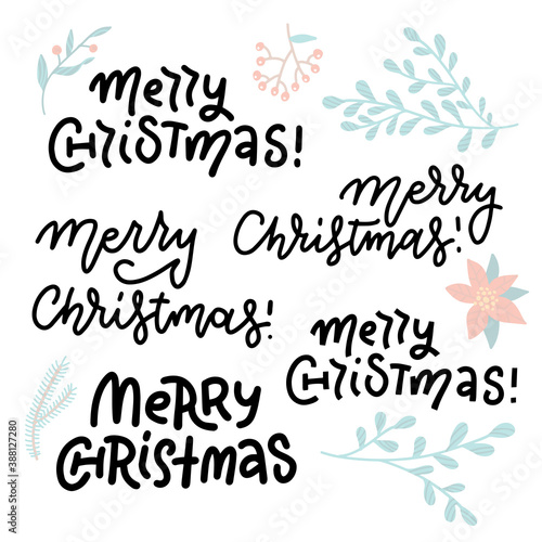 Merry Christmas Lettering Design Set with floral elements.