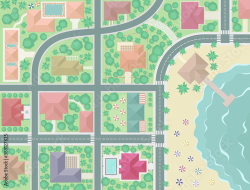Seaside landscape illustration, aerial drone view of coastal town vector