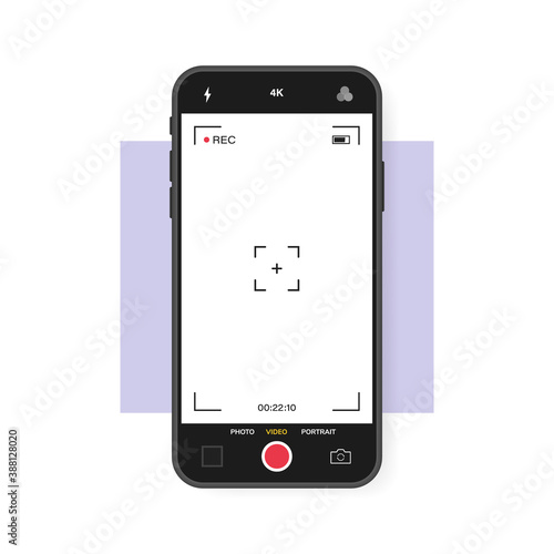 Mobile phone with record frame camera. Viewfinder template. 4K phone resolution video rec frame. Video recording screen. Vector graphic design