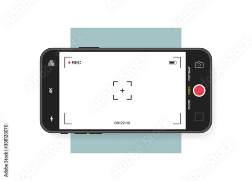 Mobile phone with record frame camera. Viewfinder template. 4K phone resolution video rec frame. Video recording screen. Vector graphic design