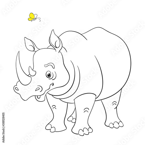 Big rhino and small butterfly. Black and white picture with yellow accent. In cartoon style. Isolated on white background. For coloring book