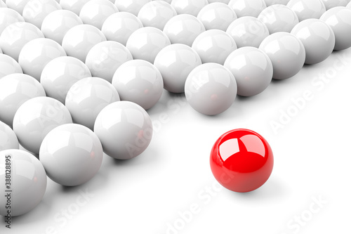 Single red ball standing out from the crowd of white shiny spheres, leadership, standing out or bravery concept over white background