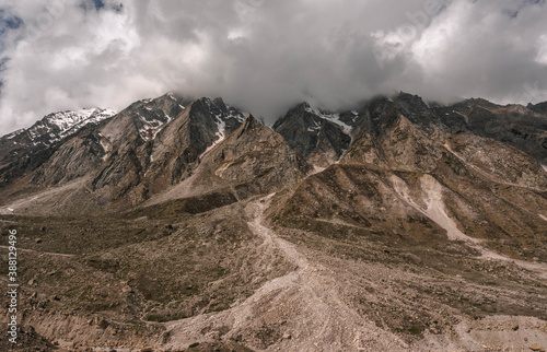 Gangotri is one of the main Hindu holy places of pilgrimage in the Himalayas. The trail from Gangotri to Gomukh runs between the mountain peaks. photo