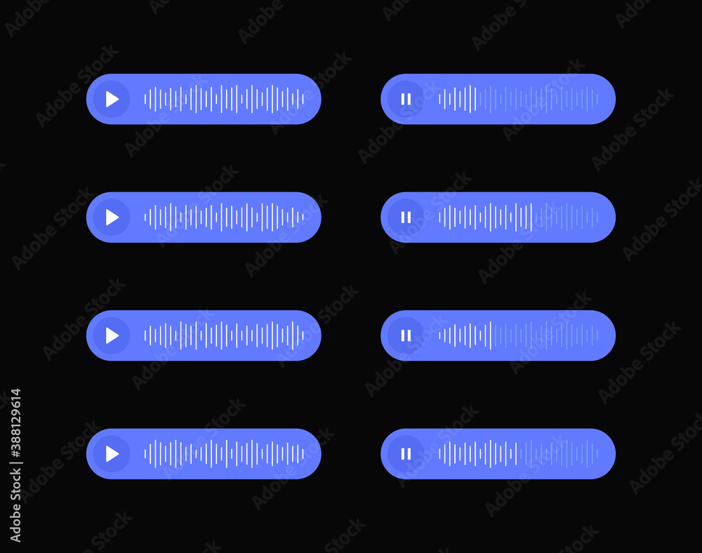 Set voice messages icon with sound wave for social media. Sms template bubbles for compose voice dialogues. Dark interface design. Vector illustration Set voice messages icon with sound wave for social media. Sms template bubbles for compose voice dialogues. Dark interface design. Vector illustration