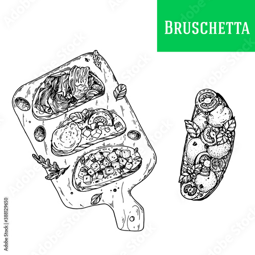 Italian bruschetta hand drawn vector illustration. Bruschetta top view. Menu design template. Sketch illustration.