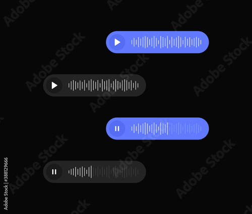 Set voice messages icon with sound wave for social media. Sms template bubbles for compose voice dialogues. Dark interface design. Vector illustration