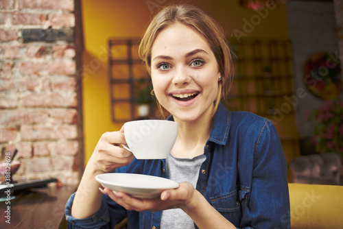 Cheerful woman coffee cup lifestyle restaurant Morning vacation