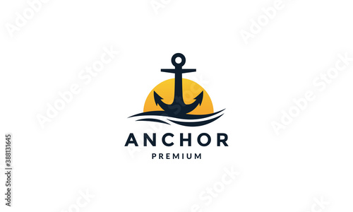 anchor with sea sunset modern logo vector icon illustration
