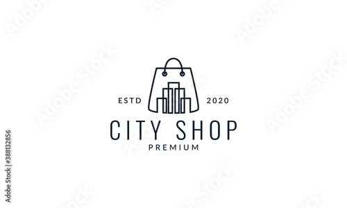 shopping bag with city line outline  logo vector icon illustration