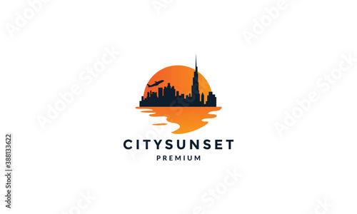 city building with sea sunset modern silhouette  logo vector icon illustration
