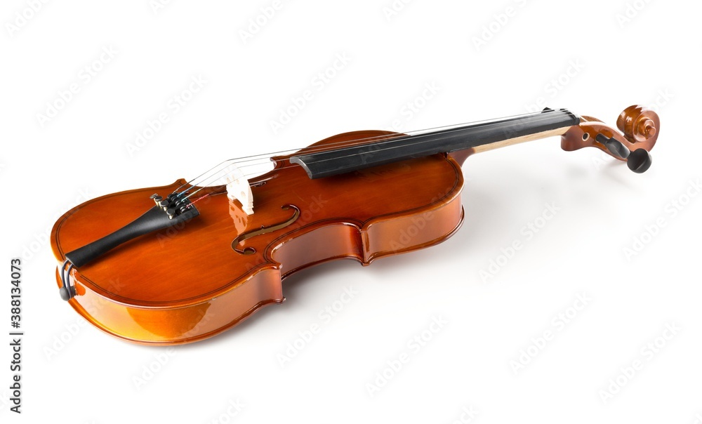 Fototapeta premium Brown wooden fiddle or violin, classic musical instrument, on white background