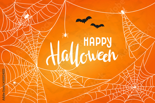 Vector Halloween background with cobweb. Happy Halloween hand drawn lettering with white webs and spiders. Banner, flyer, greeting card or party invitation illustration