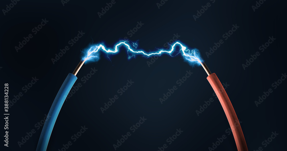 conceptual energy electric spark between two cables - obrazy, fototapety, plakaty 