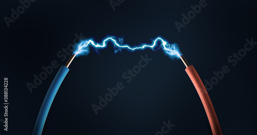 Leinwand Poster conceptual energy electric spark between two cables