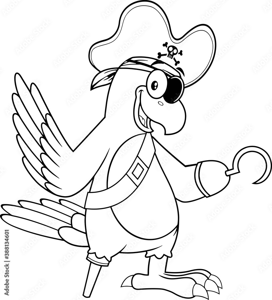 Outlined Parrot Pirate Bird Cartoon Character Waving. Vector ...