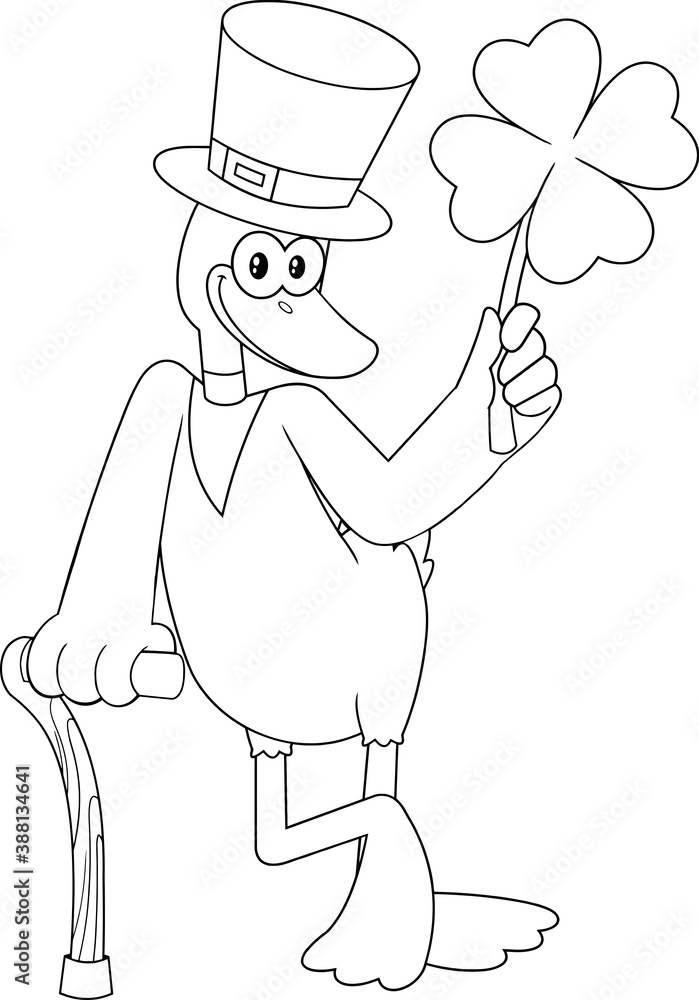 Outlined Lucky Duck Leprechaun Cartoon Character Holding A Leaf Clover. Vector Illustration Isolated On White Background Outlined Lucky Duck Leprechaun Cartoon Character Holding A Leaf Clover. Vector Illustration Isolated On White Background