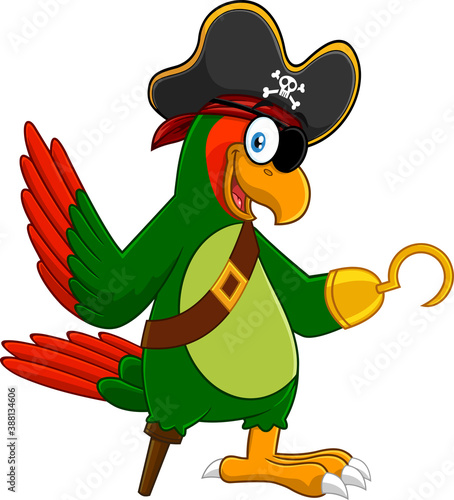 Parrot Pirate Bird Cartoon Character Waving. Vector Illustration Isolated On White Background