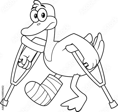Fotografija Black And White Duck Cartoon Character With Crutches And Plastered Leg