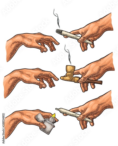 Males hands holding lighter and cigarette. Vector color vintage engraving