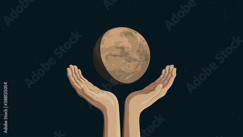 Detailed flat vector illustration of two hands holding Mars.
