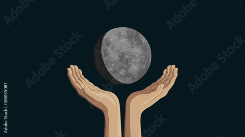Detailed flat vector illustration of two hands holding Mercury.