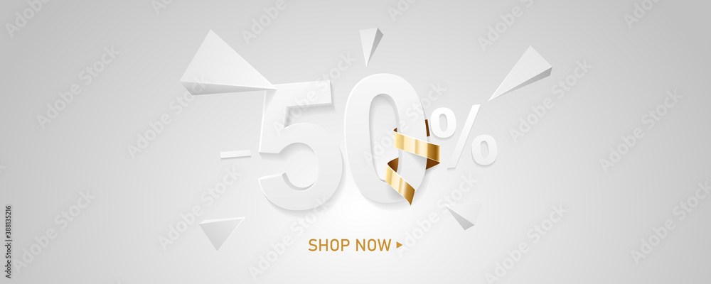 50 percent off discount sale background. White 3D number with percent sign and golden ribbon. Promotion template design.
 - obrazy, fototapety, plakaty 