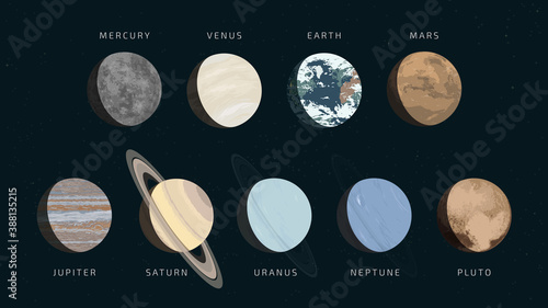 Detailed flat vector illustration of the nine planets in our solar system with realistic colors. The names of the planets are included.