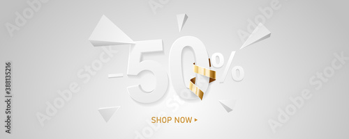 50 percent off discount sale background. White 3D number with percent sign and golden ribbon. Promotion template design.
