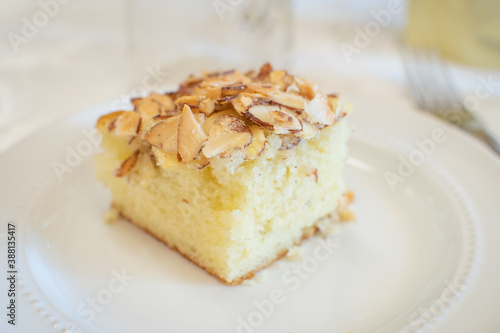 almond white cake slice