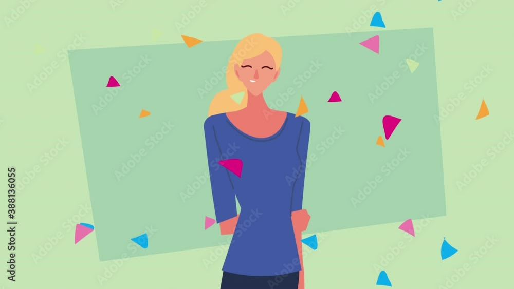young woman with confetti celebrating animation character young woman with confetti celebrating animation character