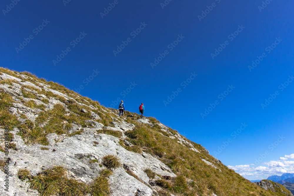 Active girls hiking to the peak of Alps, Austria. Successful female backpackers enjoying their adventure. Hiking on bright sunny summer day.Wanderlust travel scene.Sporty women standing on summit