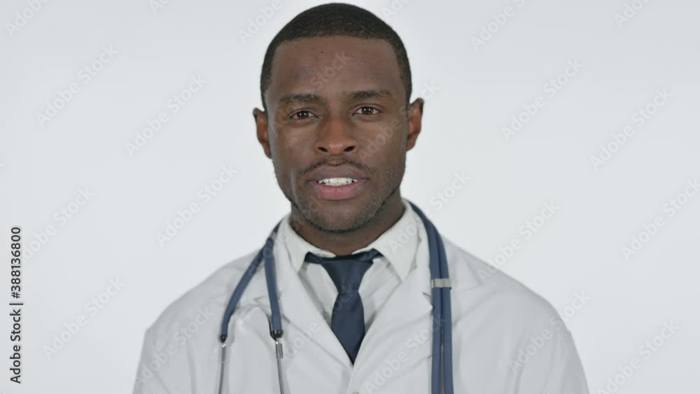 Video Chat by Serious African Doctor, White Background Video Chat by Serious African Doctor, White Background