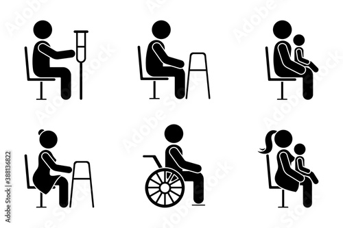 Stick figure bus sign man with crutches, people with walkers, parents with baby on knees vector icon set. Give seat symbol good manners etiquette priority access silhouette pictogram on white