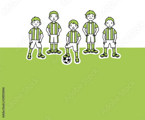 Children's football team young soccer players  green field vector 